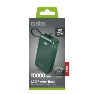 Powerbank 10000mAh USB-A USB-C z wyświetlaczem wbudowanym kablem USB-C 20W - zielony SBS
