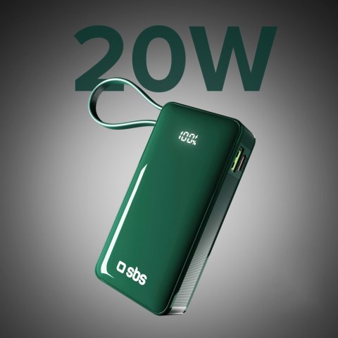 Powerbank 10000mAh USB-A USB-C z wyświetlaczem wbudowanym kablem USB-C 20W - zielony SBS