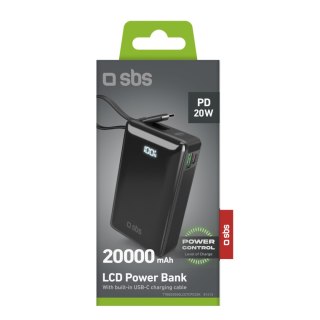 Powerbank 20000mAh USB-A USB-C z wyświetlaczem wbudowanym kablem USB-C 20W - czarny SBS