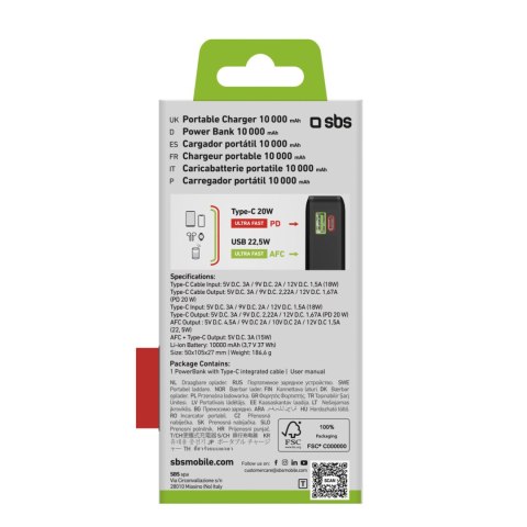 Powerbank 20000mAh USB-A USB-C z wyświetlaczem wbudowanym kablem USB-C 20W - czarny SBS