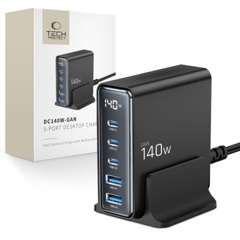 Stacja ładująca do urządzeń z wyświetlaczem 3x USB-C 2x USB-A GaN 140W - czarna Tech-Protect