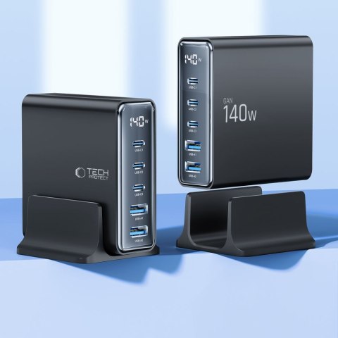 Stacja ładująca do urządzeń z wyświetlaczem 3x USB-C 2x USB-A GaN 140W - czarna Tech-Protect