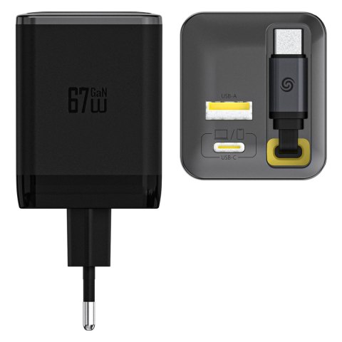 Ładowarka sieciowa USB-A USB-C GaN 67W z kablem zwijanym USB-C PD QC - czarna DUDAO