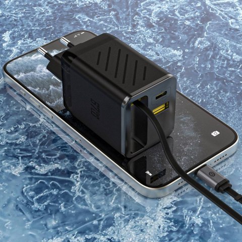Ładowarka sieciowa USB-A USB-C GaN 67W z kablem zwijanym USB-C PD QC - czarna DUDAO