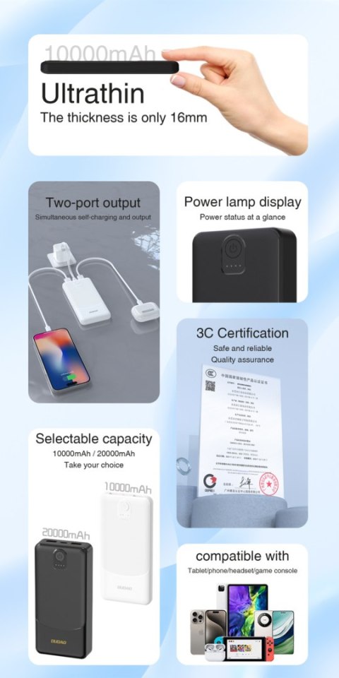 Powerbank K10 10000mAh USB-A 12W 2.4A - biały DUDAO