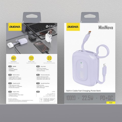 Powerbank K32 10000 mAh z wbudowanym kablem USB-C iPhone Lightning 22.5W - fioletowy DUDAO
