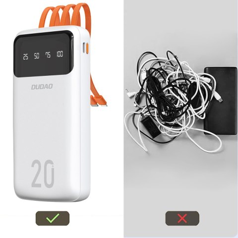 Powerbank K6Pro+ 20000mAh z wbudowanymi kablami USB-C microUSB iPhone Lightning - biały DUDAO