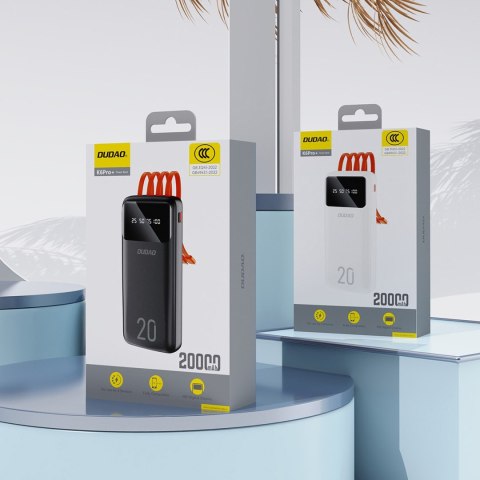 Powerbank K6Pro+ 20000mAh z wbudowanymi kablami USB-C microUSB iPhone Lightning - biały DUDAO