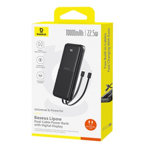 Powerbank 10000mAh 22.5W z wyświetlaczem kablami USB-C iPhone Lightning Lipow - czarny BASEUS