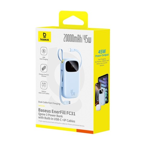Powerbank 20000mAh 45W z wyświetlaczem kablami USB-C Lightning EnerFill FC31 - niebieski BASEUS
