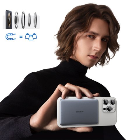 Powerbank ultra cienki 5000mAh 20W MagSafe z kablem USB-C 60W 30cm - szary BASEUS