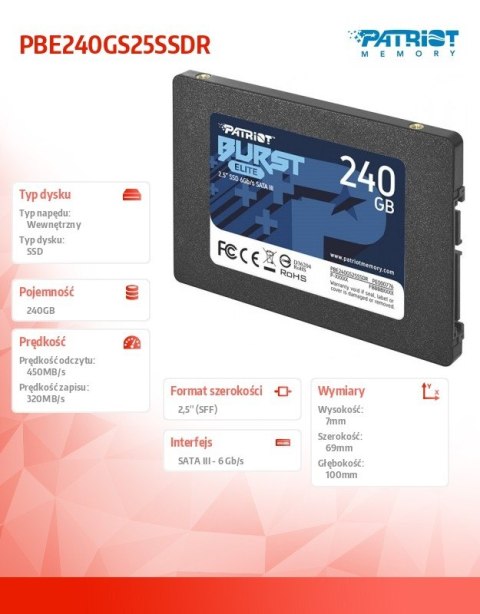 Dysk SSD 240GB Burst Elite 450/320MB/s SATA III 2.5 Patriot