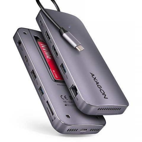 HMC-12GM2 Wieloportowy hub USB 12in1 + M.2 NVMe/SATA pozycja, 10Gbps, 3x USB-A, USB-C, HDMI 4K/60Hz, DP 4K/60Hz, GLAN, SD/microS AXAGON