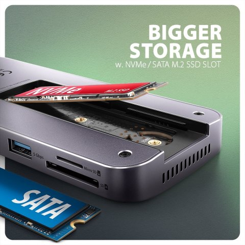 HMC-12GM2 Wieloportowy hub USB 12in1 + M.2 NVMe/SATA pozycja, 10Gbps, 3x USB-A, USB-C, HDMI 4K/60Hz, DP 4K/60Hz, GLAN, SD/microS AXAGON