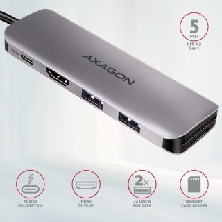 HMC-5 Wieloportowy hub USB 5in1, 5Gbps, 2x USB-A, HDMI 4K/30Hz, SD/microSD, PD 100W, 20cm USB-C kabel AXAGON
