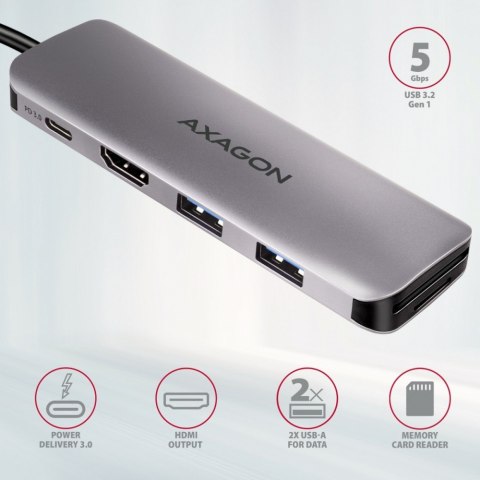 HMC-5 Wieloportowy hub USB 5in1, 5Gbps, 2x USB-A, HDMI 4K/30Hz, SD/microSD, PD 100W, 20cm USB-C kabel AXAGON