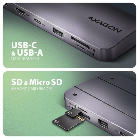HMC-6GM2 Wieloportovy hub USB 6in1, 10Gbps, USB-A, USB-C, HDMI 4K/60Hz, M.2 NVMe/SATA, SD/microSD, PD 100W, 20cm USB-C kabel AXAGON