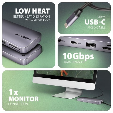 HMC-6GM2 Wieloportovy hub USB 6in1, 10Gbps, USB-A, USB-C, HDMI 4K/60Hz, M.2 NVMe/SATA, SD/microSD, PD 100W, 20cm USB-C kabel AXAGON