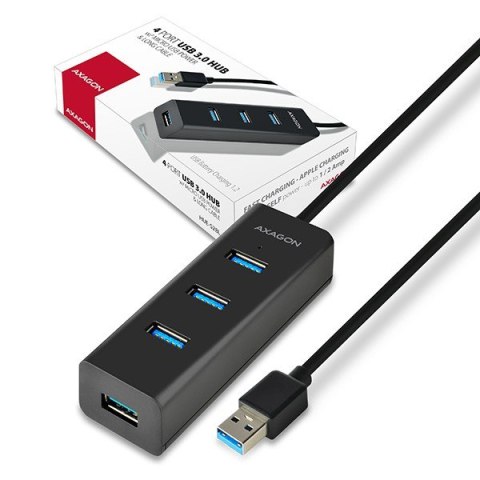 HUE-S2BL Hub 4-portowy USB 3.2 Gen 1 charging hub, 1.2m kabel, microUSB dodatkowe zasilanie AXAGON