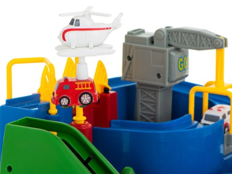 Tor przeszkód interaktywny samochodowy wyścigi parking 3 pojazdy straż radiowóz ambulans, 1 helikopter 32x32cm XXL Kik Sp. z o. o. Sp. k.