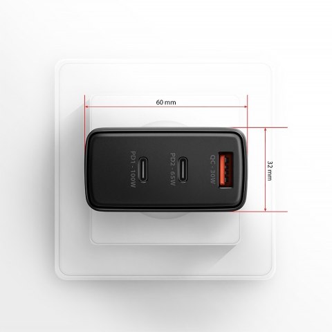 ACU-DPQ100 Ładowarka sieciowa GaN 100W, 3x port (USB-A + dual USB-C) PD3.0/QC4+/PPS/Apple Czarna AXAGON