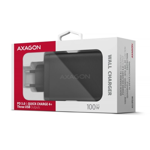 ACU-DPQ100 Ładowarka sieciowa GaN 100W, 3x port (USB-A + dual USB-C) PD3.0/QC4+/PPS/Apple Czarna AXAGON
