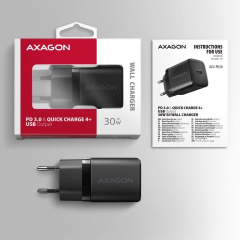 ACU-PD30 Ładowarka sieciowa PD 30W, 1x port USB-C, PD3.0/QC3.0/AFC/FCP/Apple Czarna AXAGON