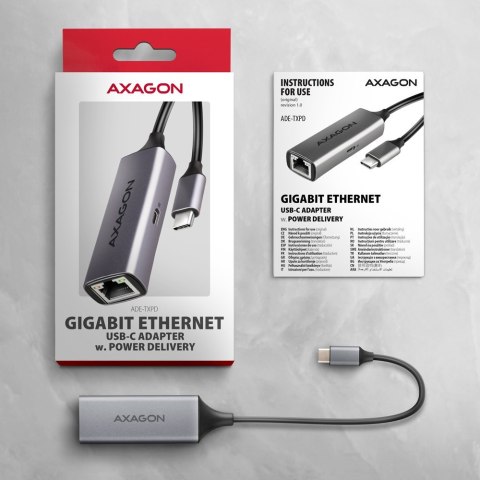 ADE-TXPD Karta sieciowa Gigabit Ethernet adapter, USB-C 3.2 Gen 1, instalacja automatyczna, Asix AX8817, PD 100W AXAGON