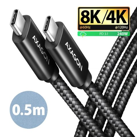 BUCM4X-CM05AB Kabel USB-C - USB-C, USB4 Gen 3x2 0.5m, PD 240W, 8K HD, ALU, oplot Czarny AXAGON