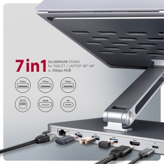HMC-STND Stojak z wieloportowy hub Aluminiowy 7in1, 5Gbps, do 10"-16" cali laptopów, nastawny, 3x USB-A, HDMI 4K/60Hz, GLAN, PD  AXAGON