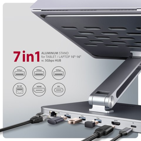 HMC-STND Stojak z wieloportowy hub Aluminiowy 7in1, 5Gbps, do 10"-16" cali laptopów, nastawny, 3x USB-A, HDMI 4K/60Hz, GLAN, PD  AXAGON