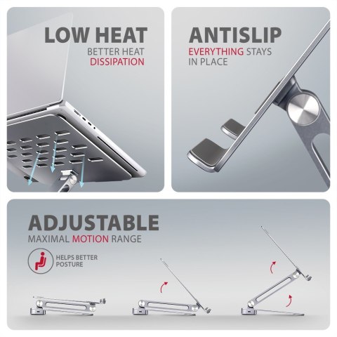 HMC-STND Stojak z wieloportowy hub Aluminiowy 7in1, 5Gbps, do 10"-16" cali laptopów, nastawny, 3x USB-A, HDMI 4K/60Hz, GLAN, PD  AXAGON