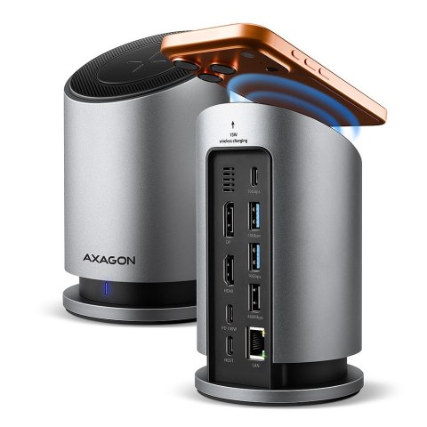 HMC-WL9 Wieloportowy hub USB 9in1, 10Gbps, 3xUSB-A, 1xUSB-C, DP 8K/60Hz, HDMI 4K/60Hz, PD 100W, GLAN, 100cm USB-C kabel, wireles AXAGON