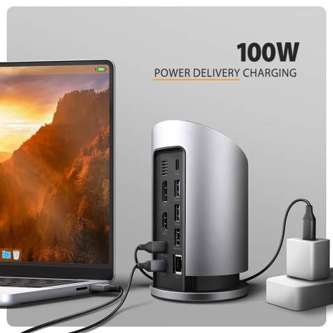HMC-WL9 Wieloportowy hub USB 9in1, 10Gbps, 3xUSB-A, 1xUSB-C, DP 8K/60Hz, HDMI 4K/60Hz, PD 100W, GLAN, 100cm USB-C kabel, wireles AXAGON