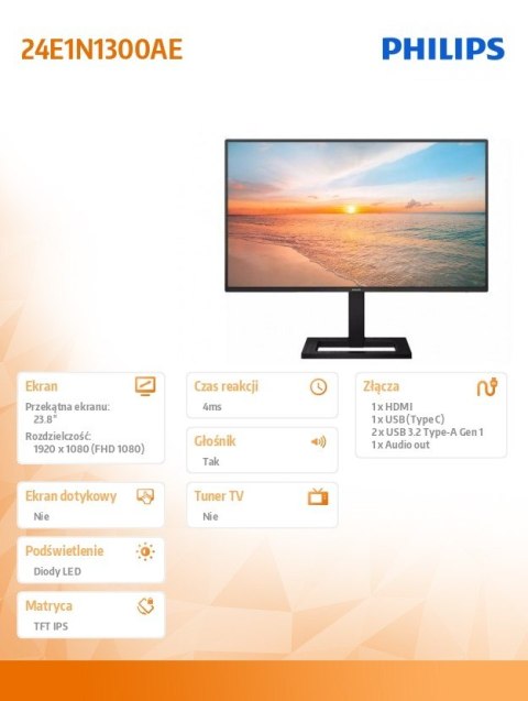 Monitor 24E1N1300AE 23.8 cala IPS 100Hz HDMI USB-C HAS Głośniki Philips