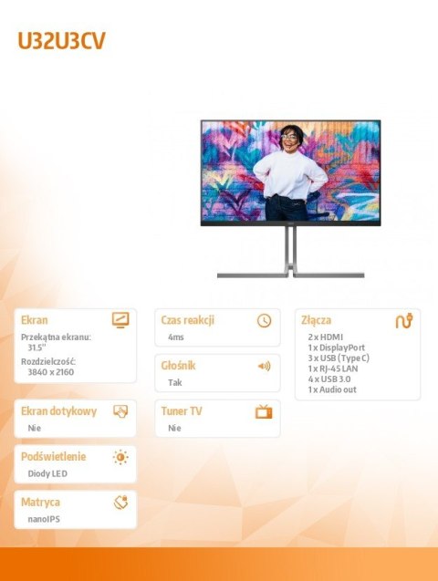 Monitor U32U3CV 31.5 cala Nano IPS 4K HDMIx2 DP USB-C RJ45 KVM Pivot Głośnik AOC