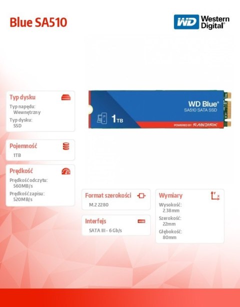 Dysk SSD Blue 1TB SA510 M.2 2280 WDS100T3B0B Western Digital