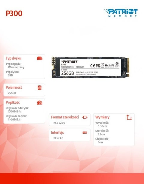 Dysk SSD P300 256GB M.2 PCIe Gen 3 x4 1700/1100 Patriot