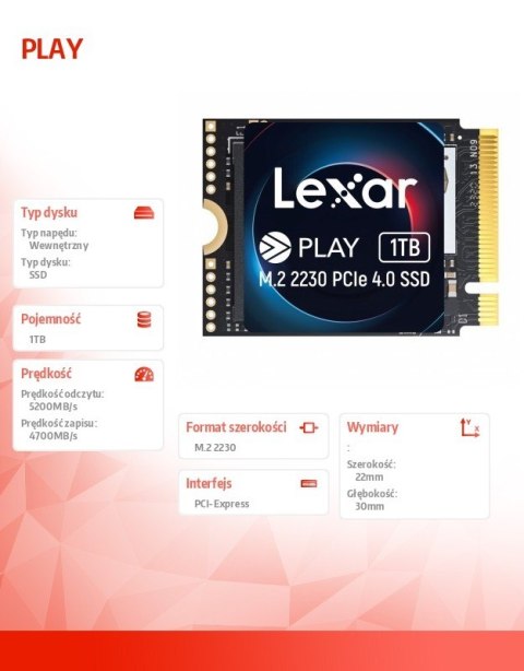 Dysk SSD PLAY 1TB PCIe4.0 2230 5200/4700MB/s Lexar
