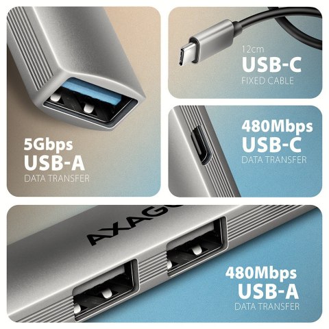 HUE-STC HUB 4-portowy 1x USB-A 5Gbps, 2x USB2.0 + 1x USB-C 2.0, 12cm kabel USB-C AXAGON
