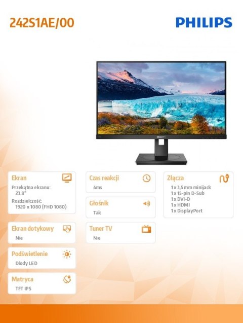 Monitor 242S1AE 23.8 IPS DVI HDMI DP Pivot Philips
