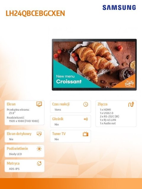 Monitor profesjonalny QB24C 24 cali Matowy 16h/7 250(cd/m2) 1920x1080(FHD) S10 Player (Tizen 7, VXT Ready) WiFi/BT 3 lata d2d (L Samsung