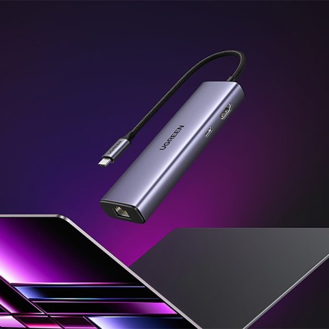 6w1 HUB adapter USB-C - 3x USB-A 3.0 / HDMI / RJ45 / USB-C PD - szary UGREEN