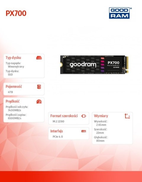 Dysk SSD PX700 4TB M.2 PCIe 2280 4x4 7400/6500MB/s GOODRAM