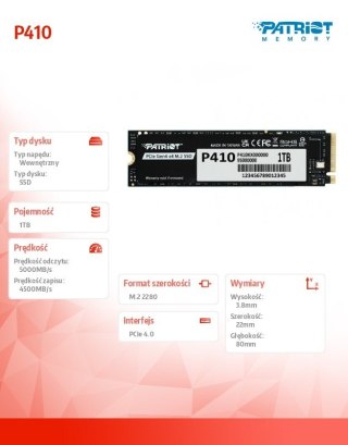 Dysk SSD 1TB P410 PCIe M.2 Gen4 x4 NVMe 1.4 2280 5000/4500MB/s Patriot