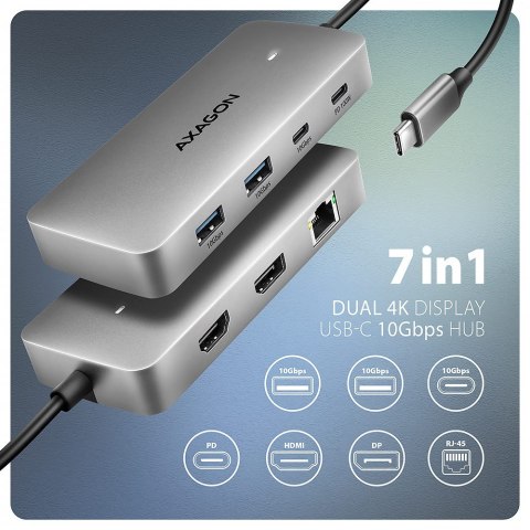 HMC-CUB83X2 Wieloportovy hub USB 7in1, 10Gbps, 2x USB-A, 1x USB-C, 1x HDMI 4K/144Hz, DP 8K/30Hz, GLAN, PD 100W, 15cm USB-C kabel AXAGON