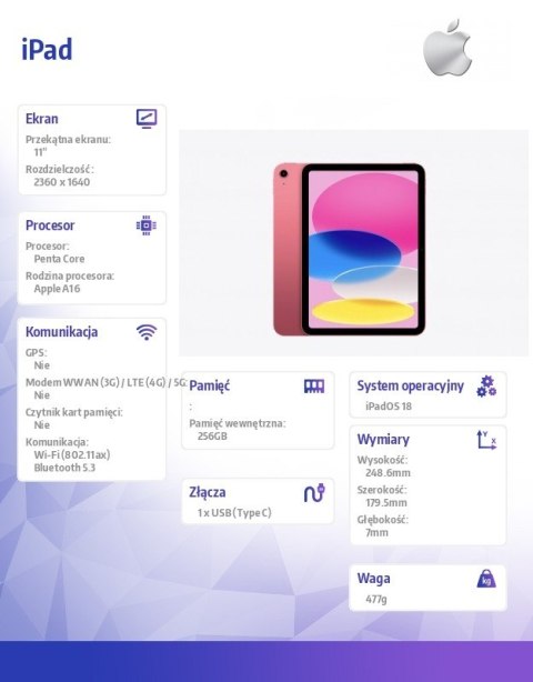 IPad WiFi 11 cali 256GB Różowy Apple