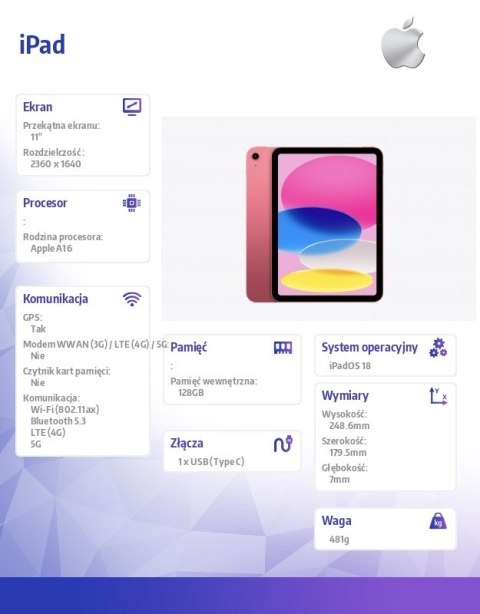IPad WiFi + Cellular 11 cali 128 GB Różowy Apple