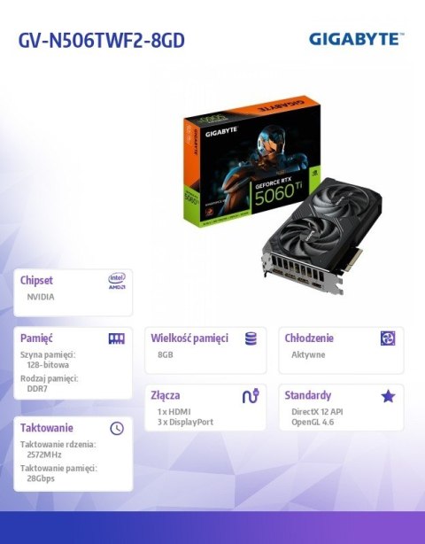 Karta graficzna GeForce RTX 5060 Ti WINDFORCE 8G 128BIT GDDR7 HDMI/3DP Gigabyte