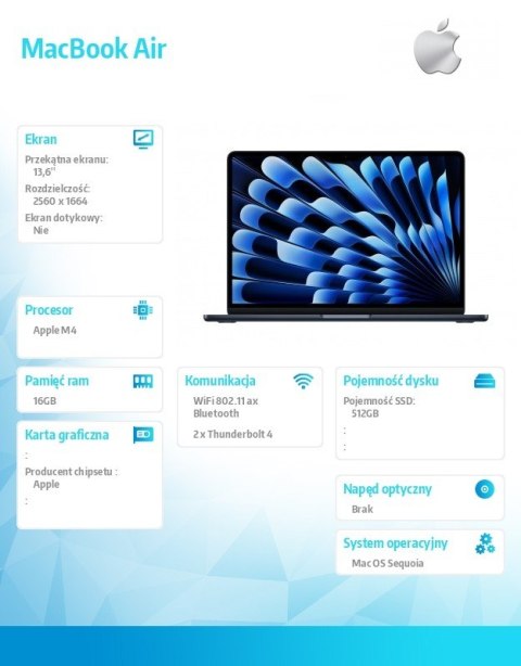 MacBookAir 13 cali /10C GPU/16GB /512GB Czarny Apple